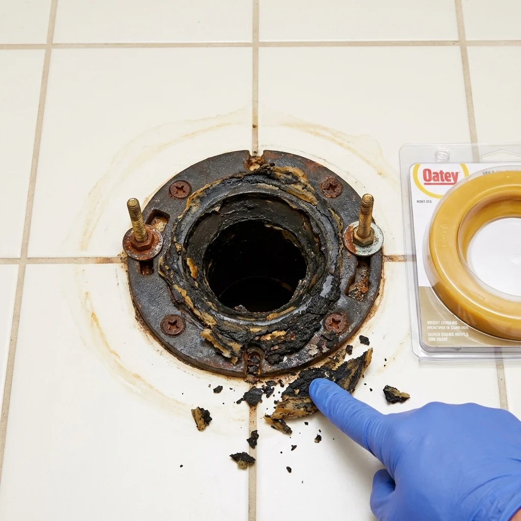 Failed wax ring showing water seepage at the base of a toilet in a Albany, LA home
