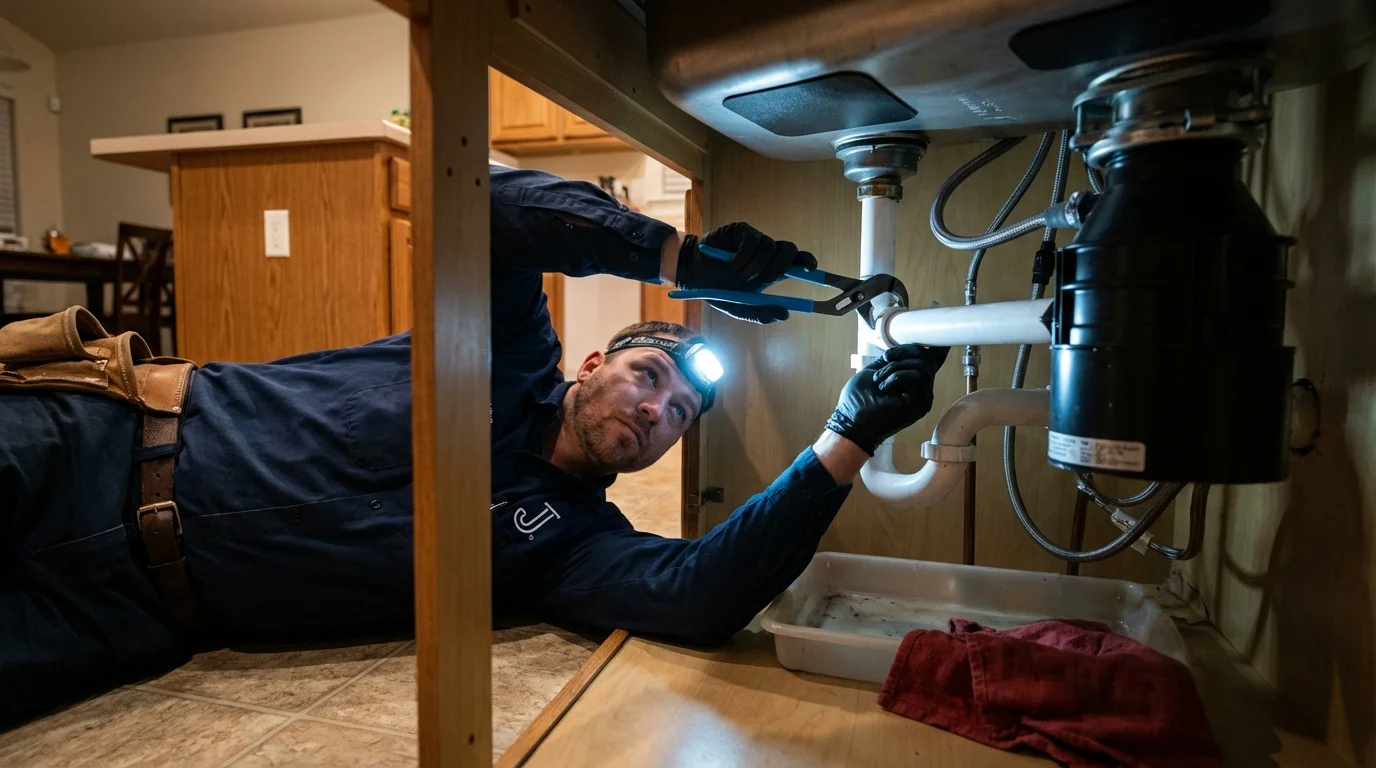P-trap and supply line connections under a kitchen sink showing a common leak point in Albany, LA